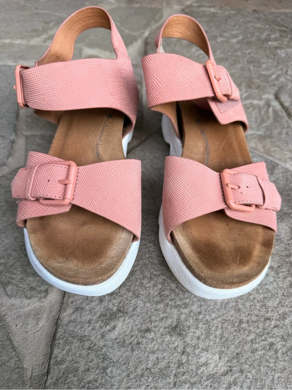 Sofft Castello Leather Platform Sandals Pink Textured Buckle‎ Comfort Wedge 9
